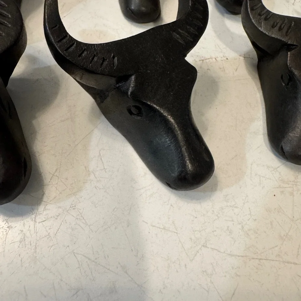 Napkin Rings Set of 6 Dark Brown Wood Hand Carved Bull Head Rustic Southwestern
